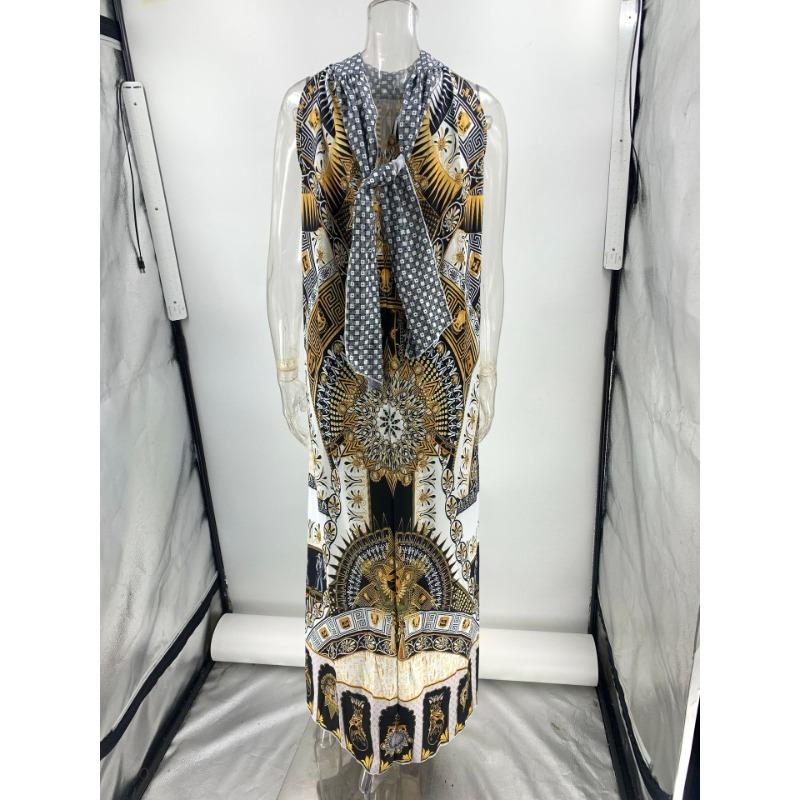 Retro Sweet Printed Off Shoulder Hanging Neck Dress Women's Loose Summer Vacation Dress