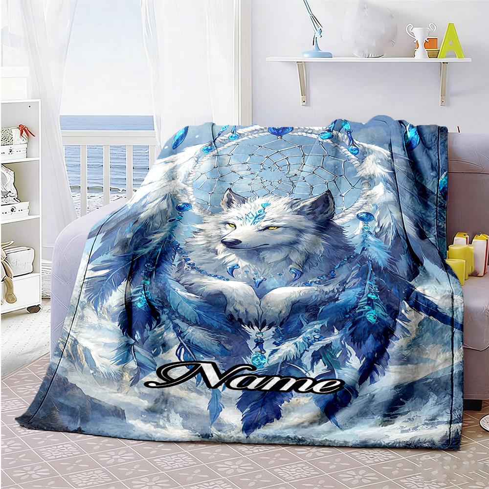 Wolf Dreamcatcher Customize Text Blanket Cozy Customizable Blanket Durable Comfort Perfect for Couch Office Bedding Living Room Four Seasons Universal