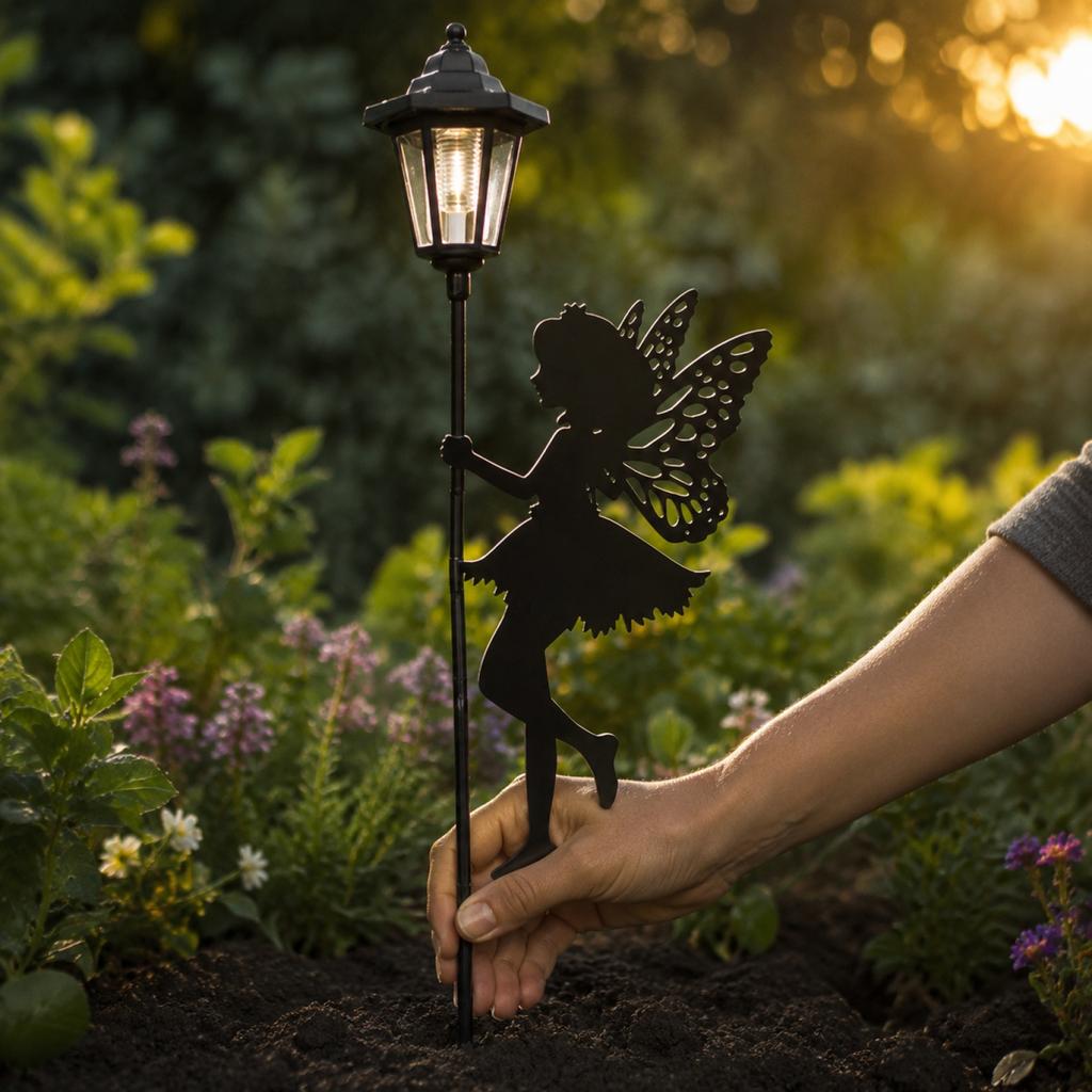 Solar Powered Fairy Silhouette Garden Stake Lights Set of 2 Outdoor Decorative Hexagonal Lamp Posts for Yard Pathway Lawn Lighting