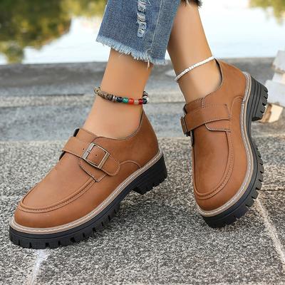 Britischer Stil Braune PU-Leder Slipper für Damen Vintage Schnallenriemen Plateau Schuhe Frau Dicke Sohle Rutschfest Freizeitschuhe