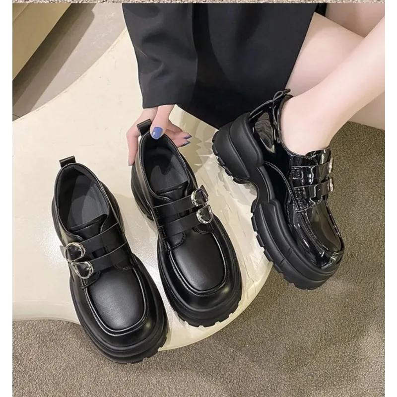 Fashion 2024 Autumn Loafers Women High Platform 7CM Shoes Women's Thick Sole PU Leather British Metal Buckle Simple Mary Jane Shoes