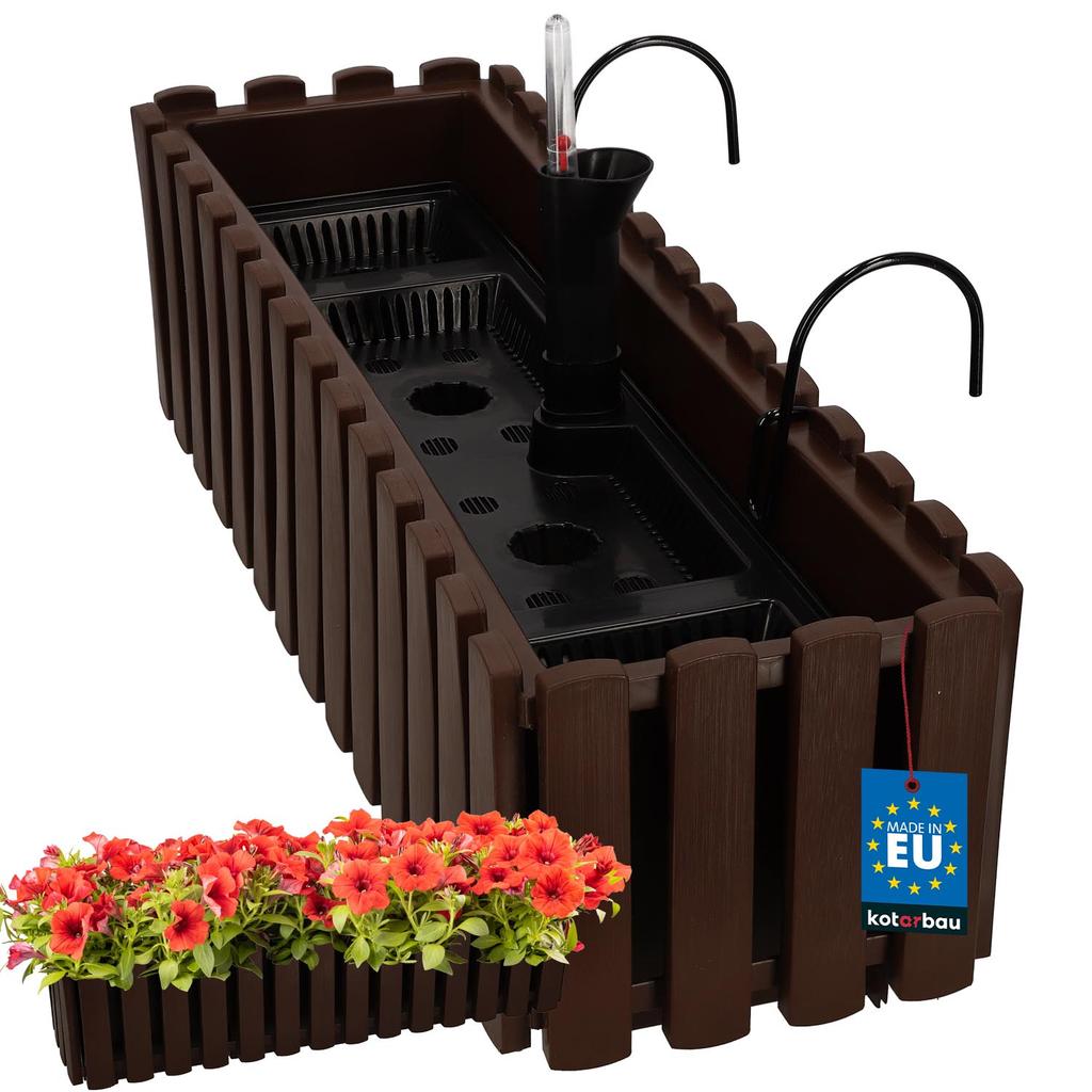 Flowerpot Balcony Terrace Box with Hooks Irrigation System Brown 60cm