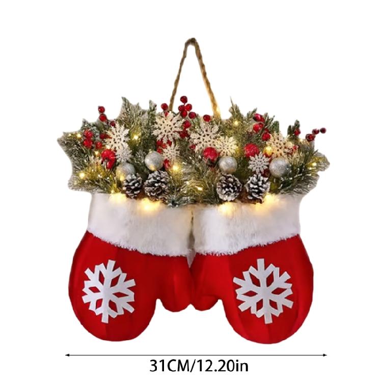 Faux Branches Christmas Mitten Wreath with LED Light Multiple Lighting Mode Festives Front Door Wall Hanging Decors