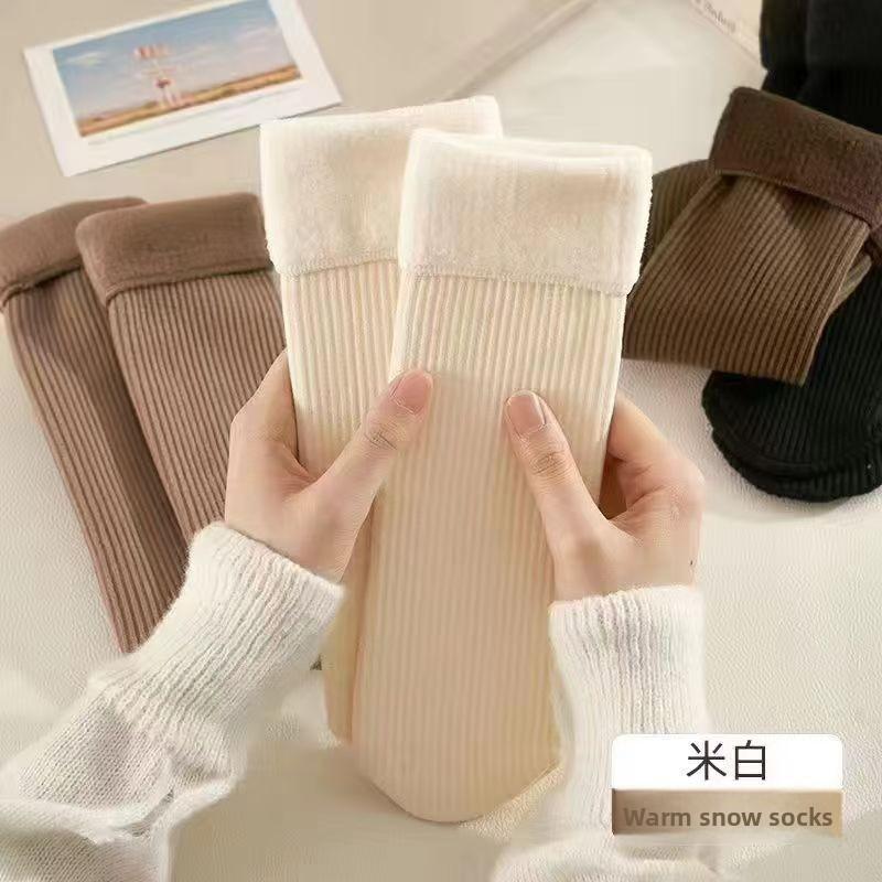 5-1 Pairs Ladies' Autumn and Winter Thick Warm Floor Socks, Plus Size Vertical Stripe Snow Socks, Tube Style Fleece Lined Warm Socks