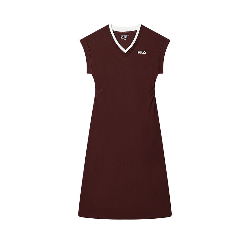 FILA Heritage V-Neck Fashion Versatile Sleeveless Dress Women Dresses Cherry-Red F11W528303F-WI