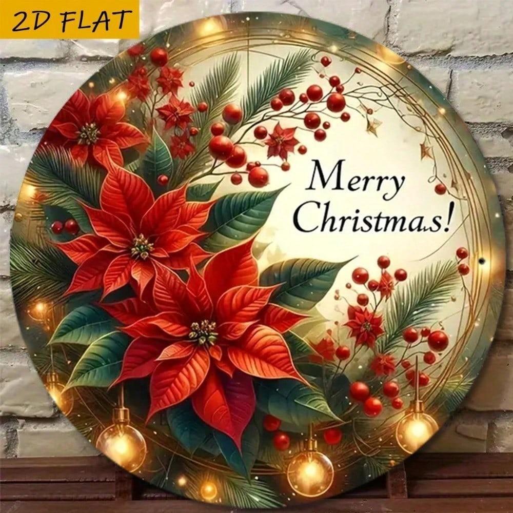 Vintage Merry Christmas Metal Sign 8 Inch Round Aluminum Red Poinsettia Holiday Wall Art Rustic Farmhouse Decor