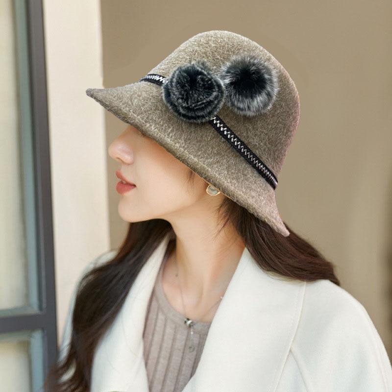 Mink Fur Basin Hat for Women Small Face Versatile Autumn Winter Edge Double Wool Ball Fisherman Hat Fashionable Woolen Cloth Simple Hat