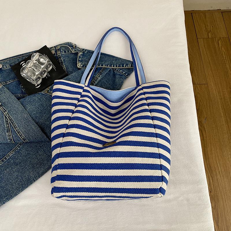 2025 Striped Knitted Bag Lazy Wind Tote Bag Student Large Capacity Casual Shoulder Bag Women