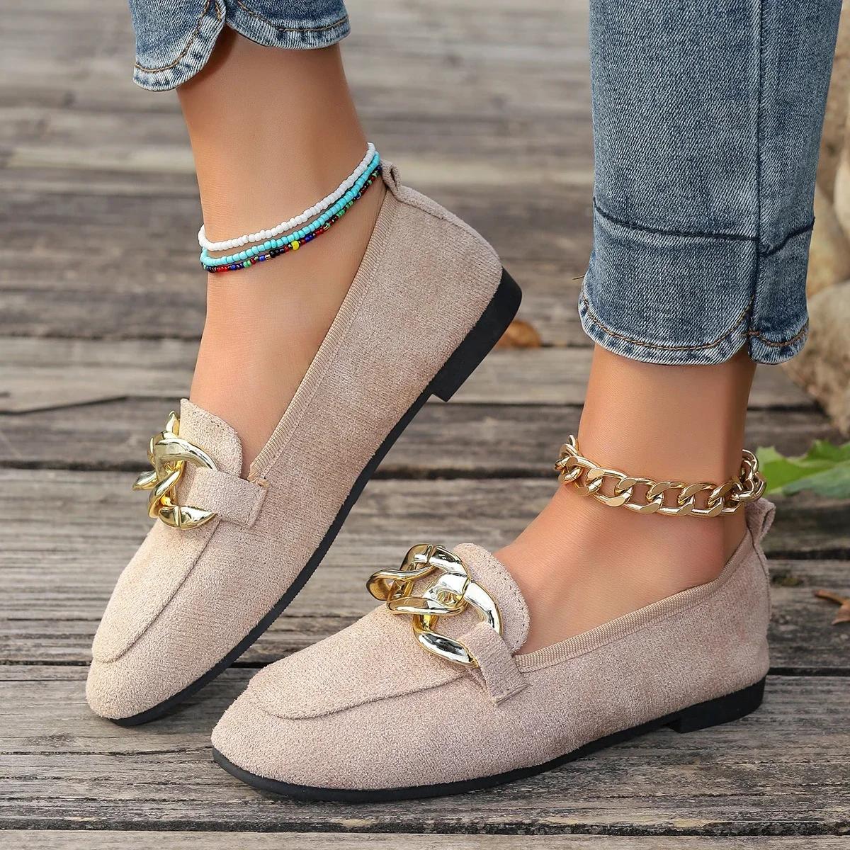 

Модная женская обувь 2024 года, брендовые лоферы, женские туфли на плоской подошве, модные металлические украшения для офиса и карьеры, горячая распродажа, туфли на плоской подошве с круглым носком и низким каблуком 35 хаки