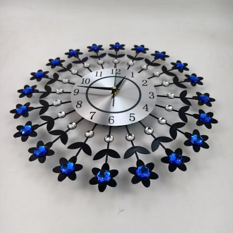 Crystal Flowers Wall Clock None-Ticking Silents Battery Operated Clocks Decorative Wall Clocks for Living Room Decors
