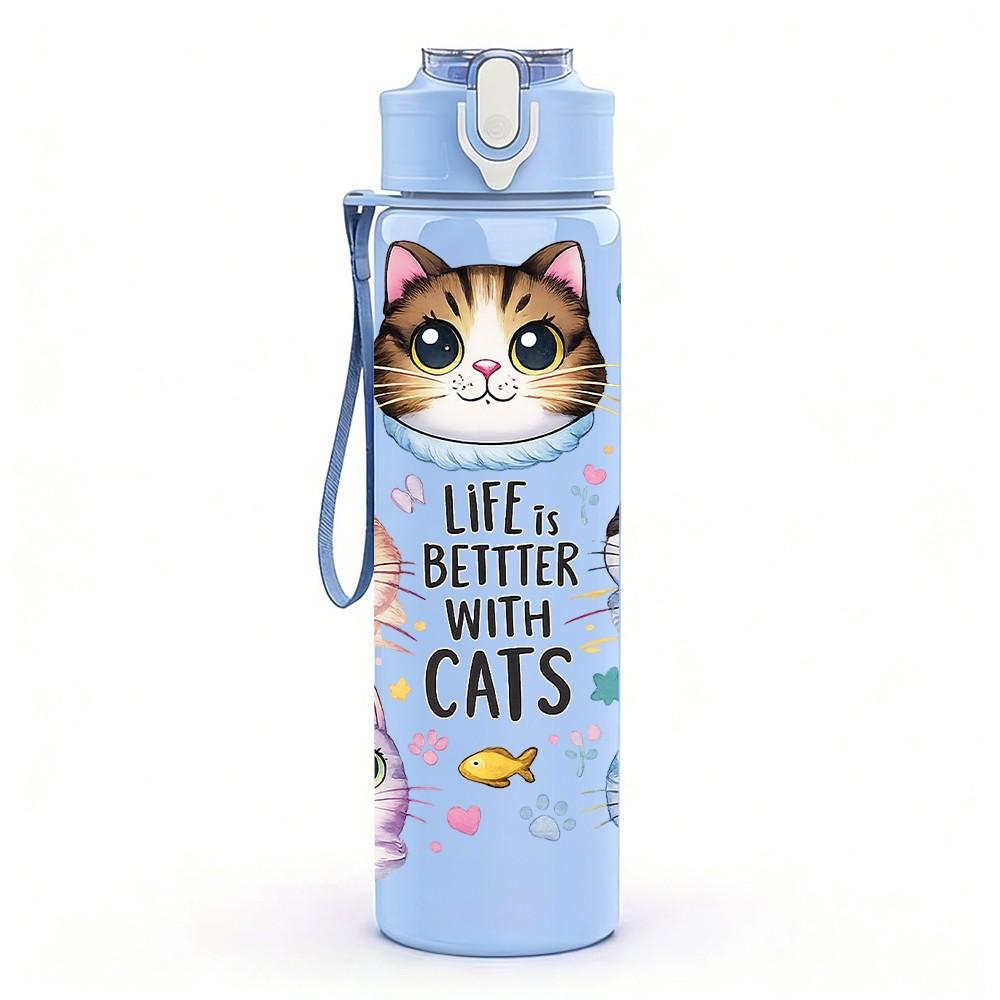 1PC Three Cute Kitten Cat Print 750ml Color Plastic Sports Water Bottle Leakproof Flip Straw Lid Suitable for Sports Office Home Use