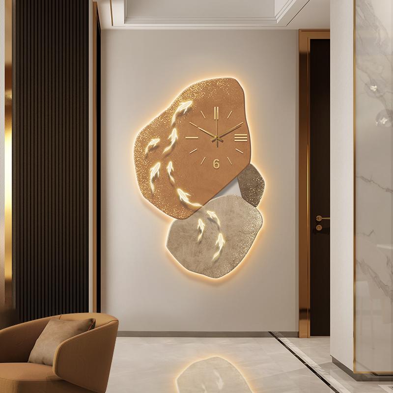 Nine Fish Map Wall Clock Luminous Advanced entrance wall decoration Modern Light Luxury Corridor Aisle Hanging Painting Clock