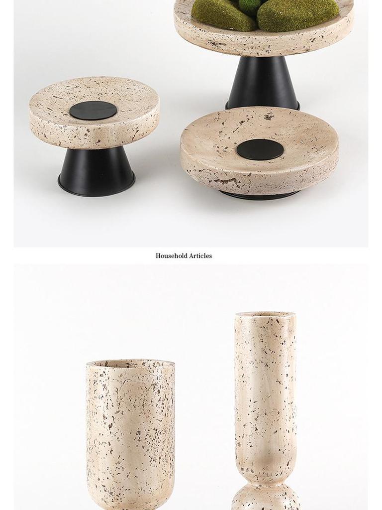 Wabi-Sabi High-Footed Round Fruit Plate - Light Luxury Yellow Travertine Style Decorative Tray