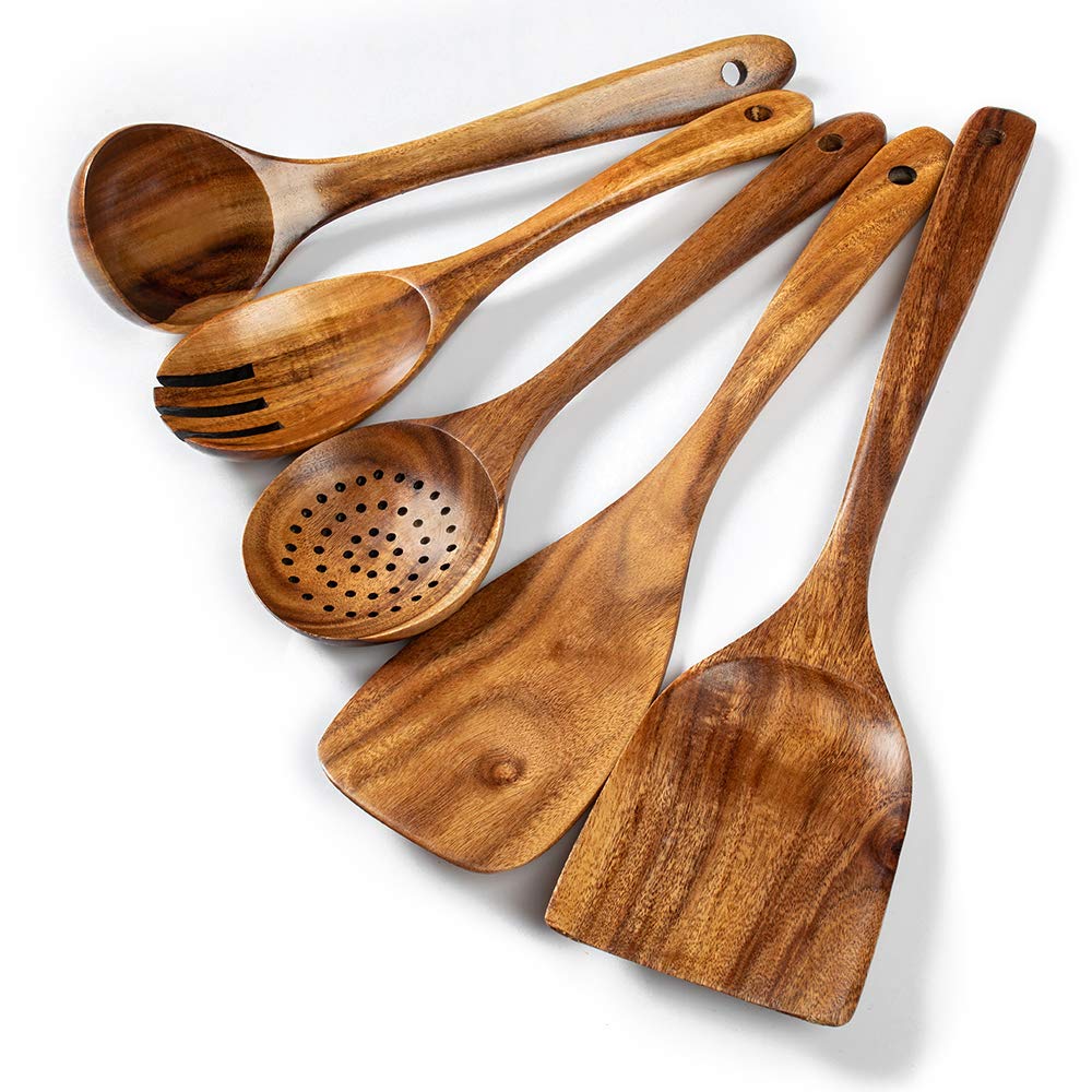 5Pieceso ng Handled Teak Tableware Wood Spoon Shovel Spatula Accessories Skimming Wooden Soup Kitchen Tool Spoon Cooking