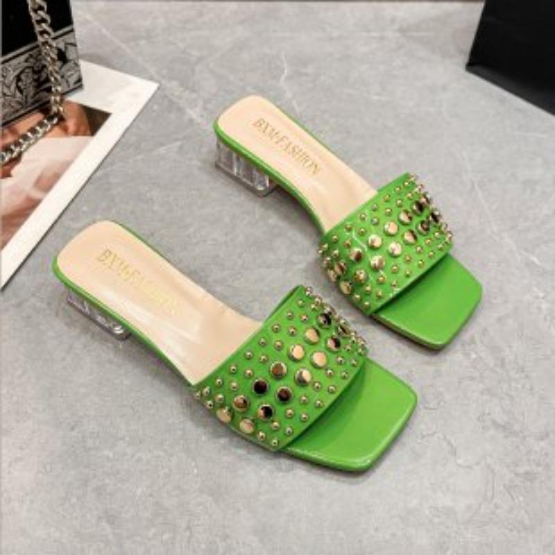 Fashion 2025 Summer Plus Size Modern Women's Open Toe Slippers Elegant Square Toe Rivet Med Heel Sandals Fashion Dress Daily Slippers
