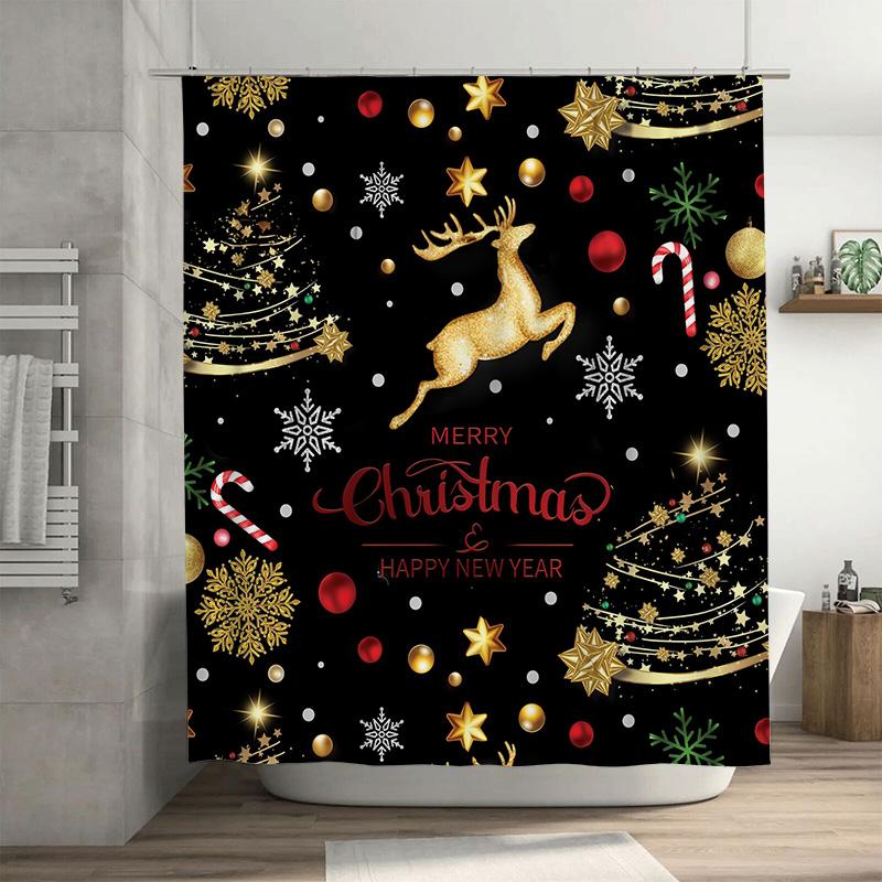 

Black Gold Christmas Shower Curtain with Deer and Tree, Elegant Holiday Pattern for a Modern Festive Bathroom Decor 90x180cm