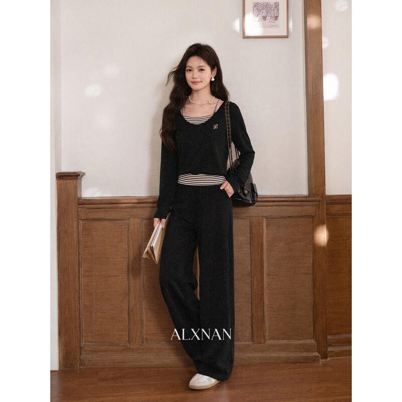 Luxiangnan Women's Faux-Layered Striped Long-Sleeve T-Shirt