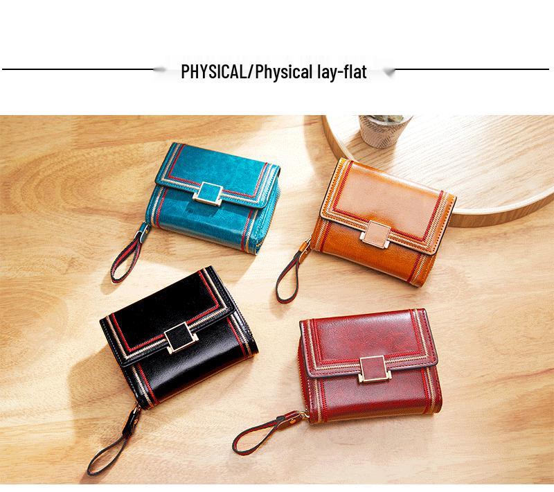 2025 Women's Retro Oil Wax Leather Accordion Wallet - Multi-Card Slot, Zipper, Short Style