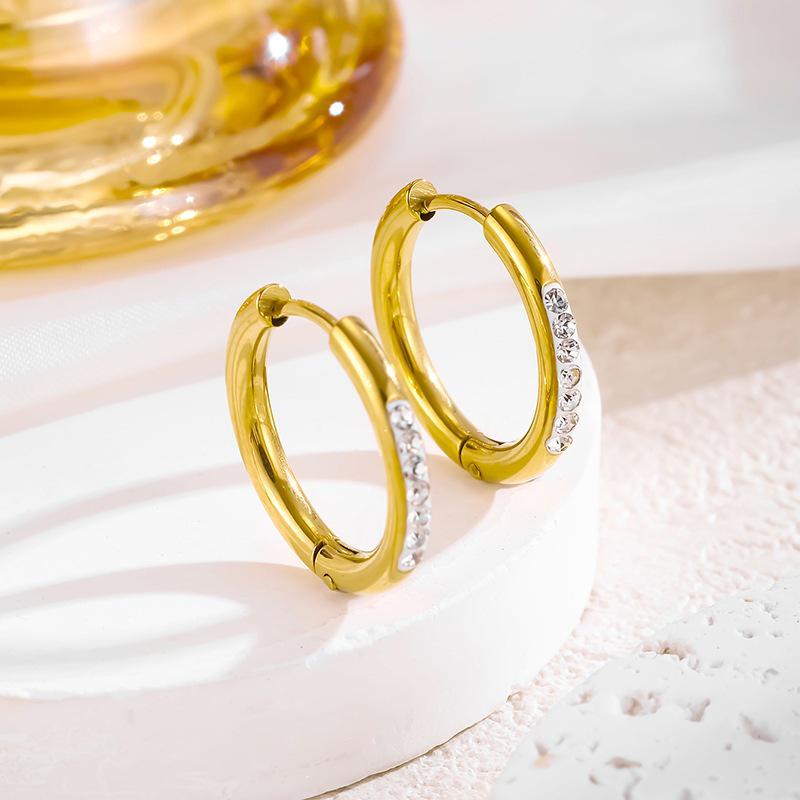 European and American 18K Gold Titanium Steel Earrings with Cubic Zirconia - Women's Electroplated Round Coil Ear Studs