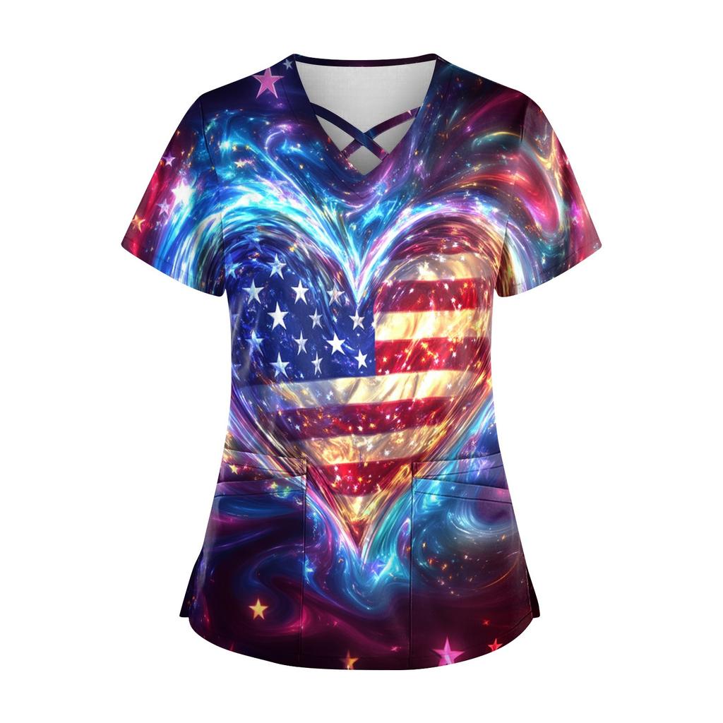 Women's Short Sleeve Stagger V Neck  Print Pocket Dry-nurse Top