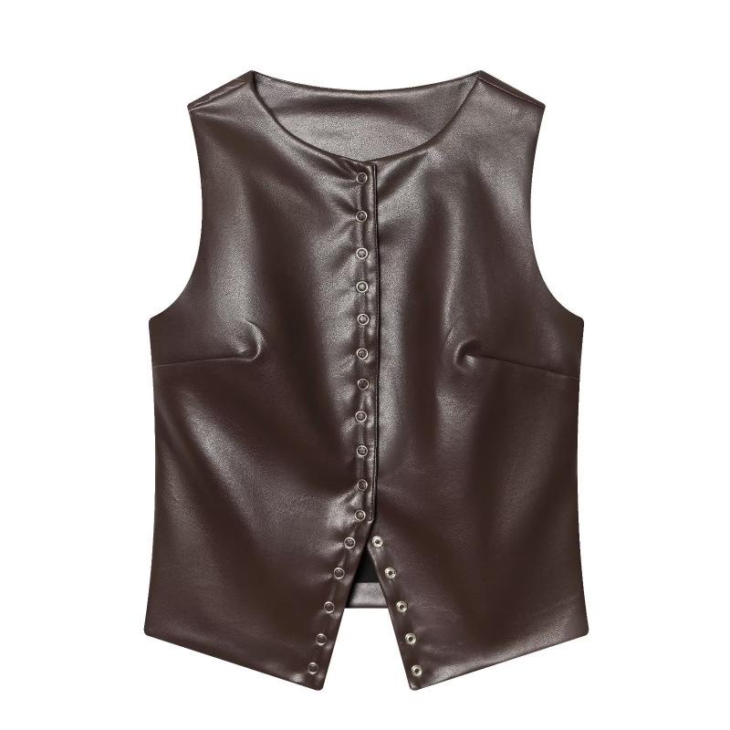 2026 Spring Fashionable European & American Style Sleeveless Leather Vest Top Small коричневый