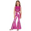 Girls 70s Disco Costume 2 Piece Set Metallic Gloss Sequins Sleeveless Top Split Bell Bottom Pants