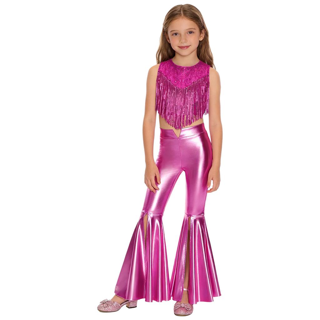 Girls 70s Disco Costume 2 Piece Set Metallic Gloss Sequins Sleeveless Top Split Bell Bottom Pants