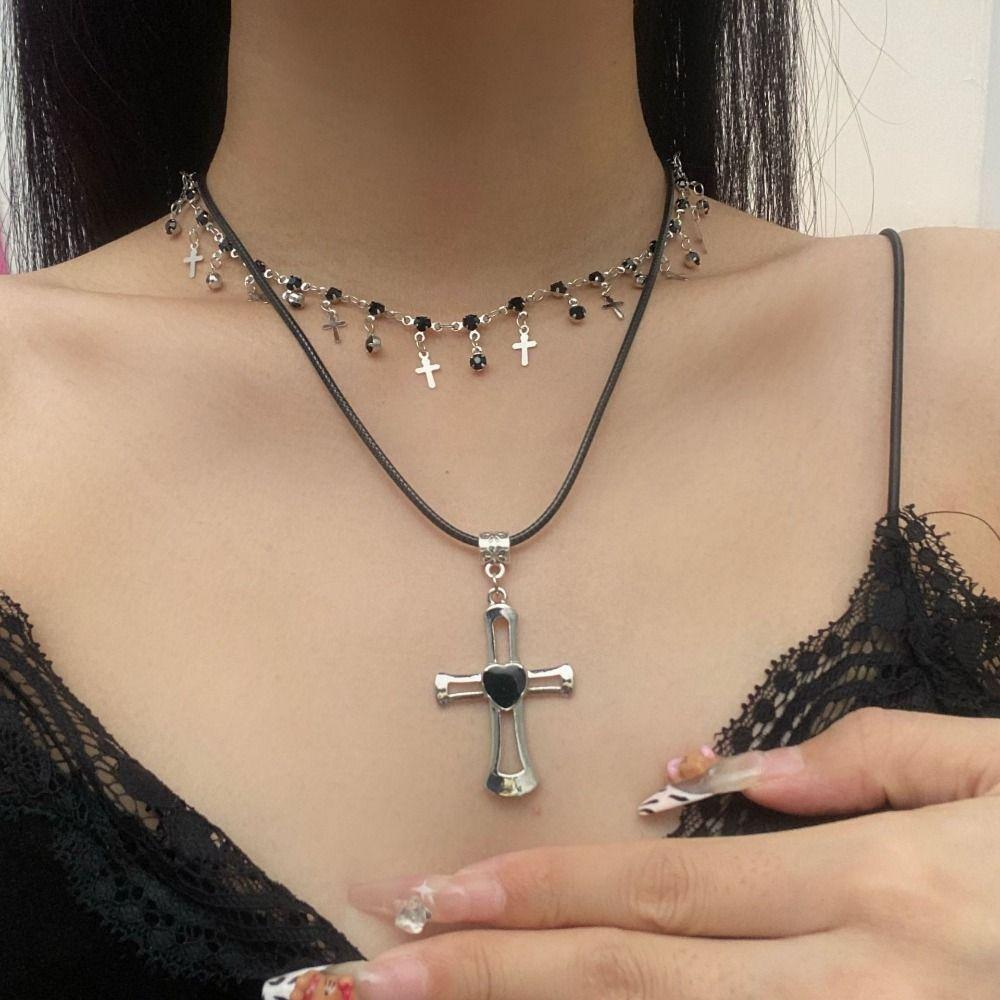 Gothic Cross Pendant Choker Necklace Heart Double Layer Necklace Rhinestone Necklace  Girls