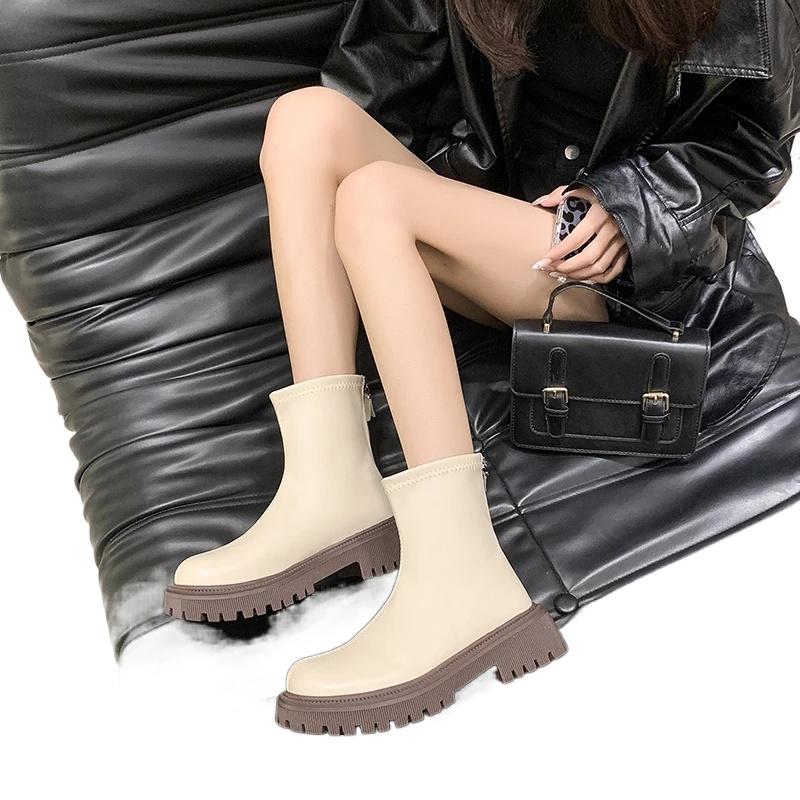 Vinter Tjocksulade Ankelstövlar Rund Tå Fyrkantig Klack 2025 Mode Damskor Halkfria Mellanhöga Fritidsmode Damskor