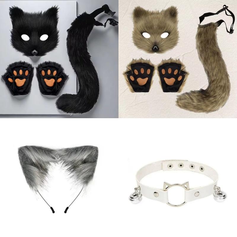 New Halloween Fox Mask Set Prop Accessories Cute Handmade Fox  Ears and Tail for Halloween Cosplay Party Costume Accessories