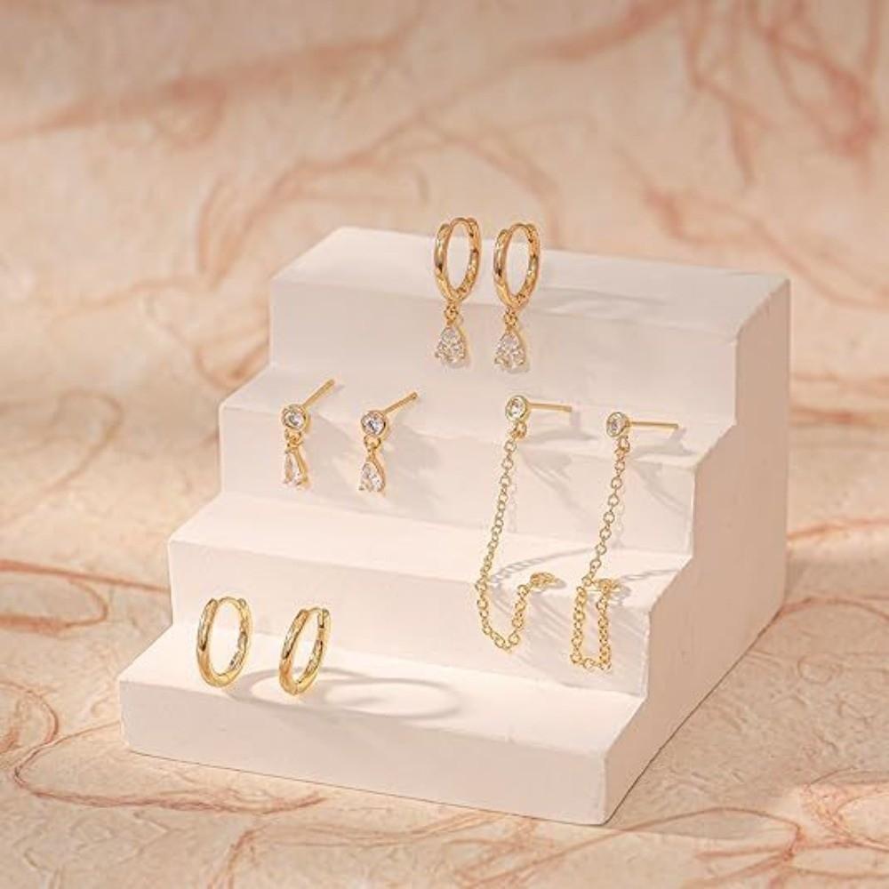 4Pcs/Set Chain Huggie Hoop Earrings Geometric Dangle Earring Set Women Accessories