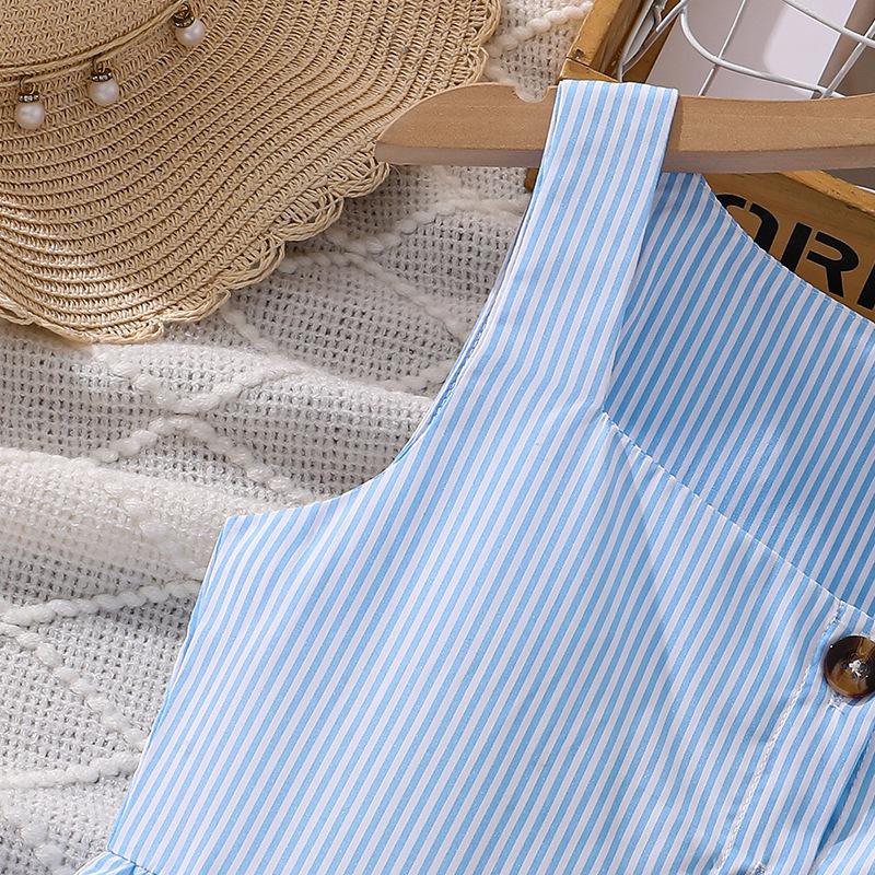 Girls' Dress New Spring-Summer Style Square Neck Stylish Striped Casual Vacation Style Strapless Waist-Cinching Long Dress