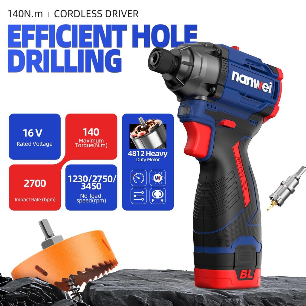 NANWEI 16V Electric Screwdriver 30,I70,140 Nm 3-speed Adjustment, 1/4 Inch, Maximum Speed 3450 Rpm