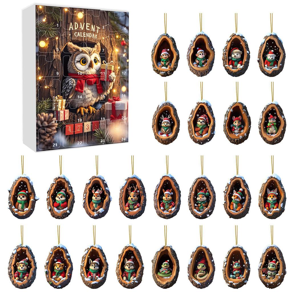 Weihnachts-Countdown-Kalender Verschleißfest Liebenswertes Tier Adventskalender Mini-Baumloch Acryl-Anhänger für Zuhause Party Auto Dekoration