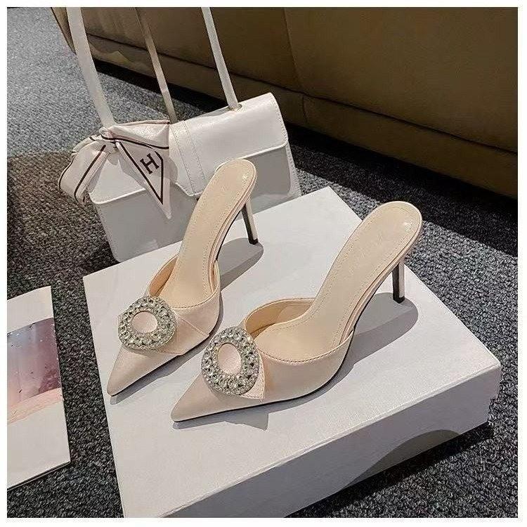 High-heeled Half Slippers 2025 New Versatile Pointed Rhinestone Buckle Stiletto Sandals Internet Celebrity Fairy Wind Bag Head Drag Girl