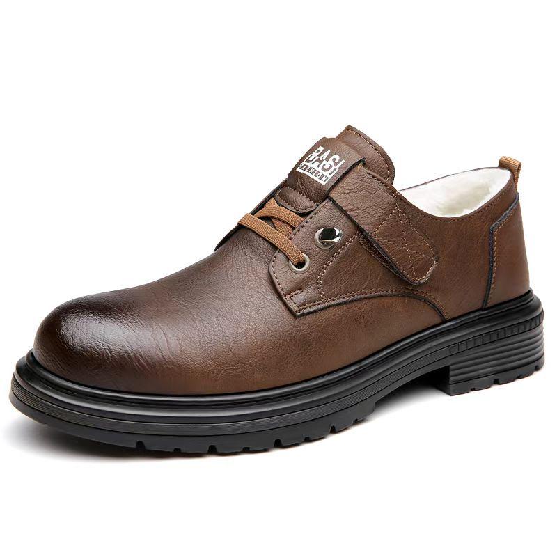 2024 Men's Winter Leather Shoes: Warm, Non-slip, Velcro, Thick Sole, Casual British Workwear Style