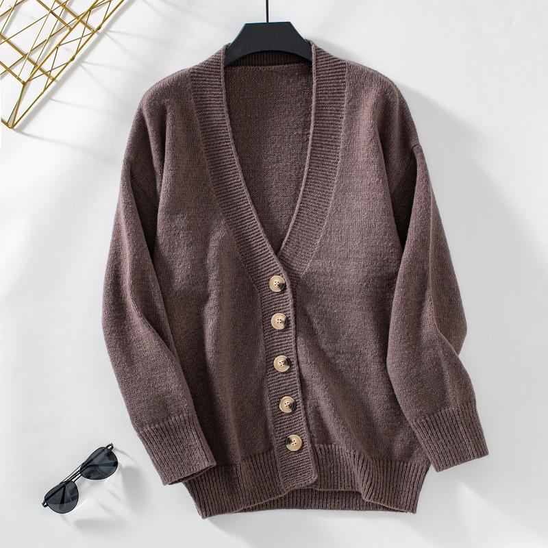 Women European Style Solid Color Single Breasted Thick V Neck Long Sleeve Knit Cardigan Sweater Coat