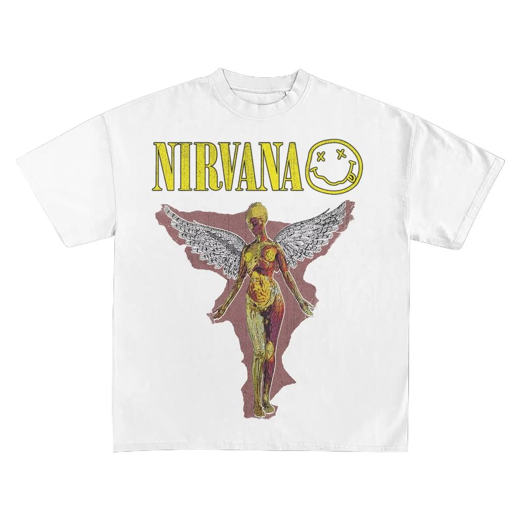 Nirvana In Utero and Smiley Face logo graphic pure Cotton graphics Tshirt unisex Y2k retro rock Oneck fashion Short Sleeve Tee