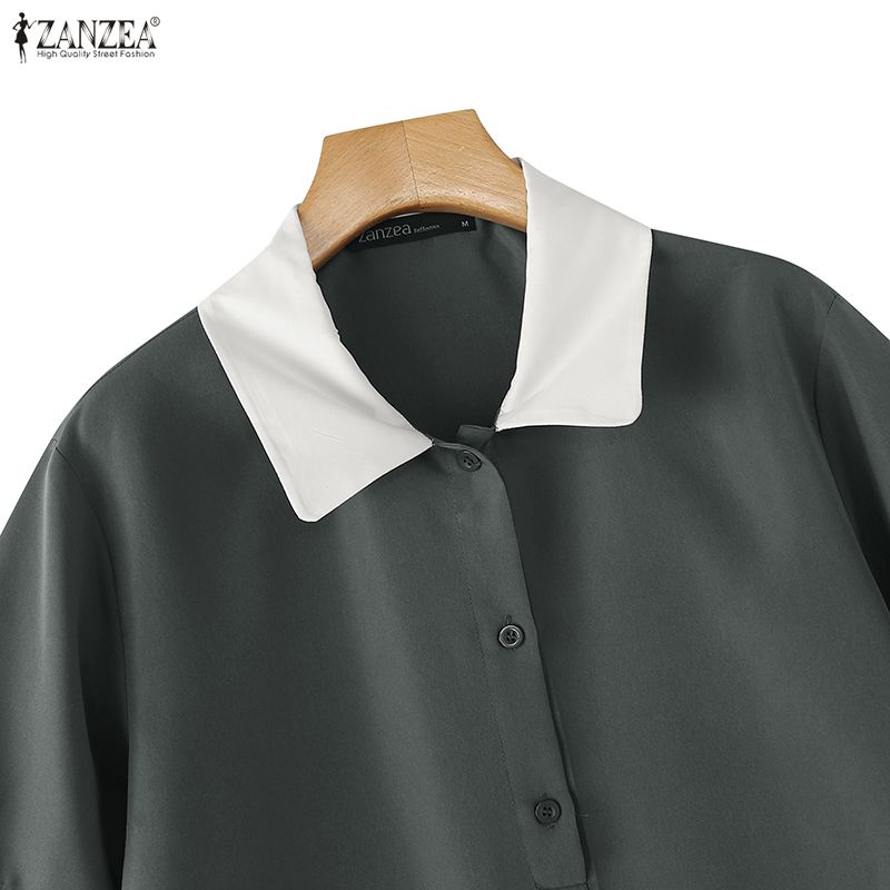 ZANZEA Womens Splice Turn Down Collar Casual Short Sleeve Dress