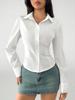 Camisa Casual Básica de Escritório Feminina Manga Longa Cintura Marcada para o Trabalho Cor Sólida Slim Fit Cropped Streetwear