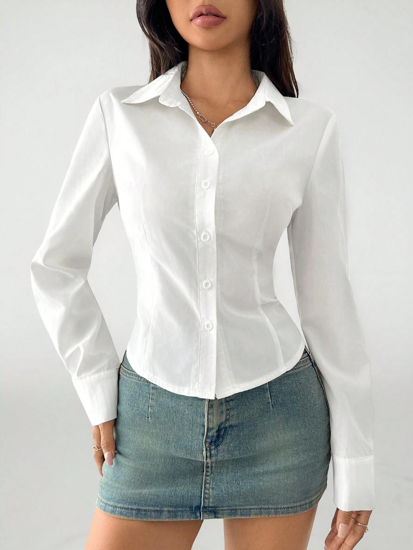 Women s Office Basic Casual Long Sleeve Cinched Waist Shirt Commute Solid Color Slim Fit Cropped Shirt Streetwear S