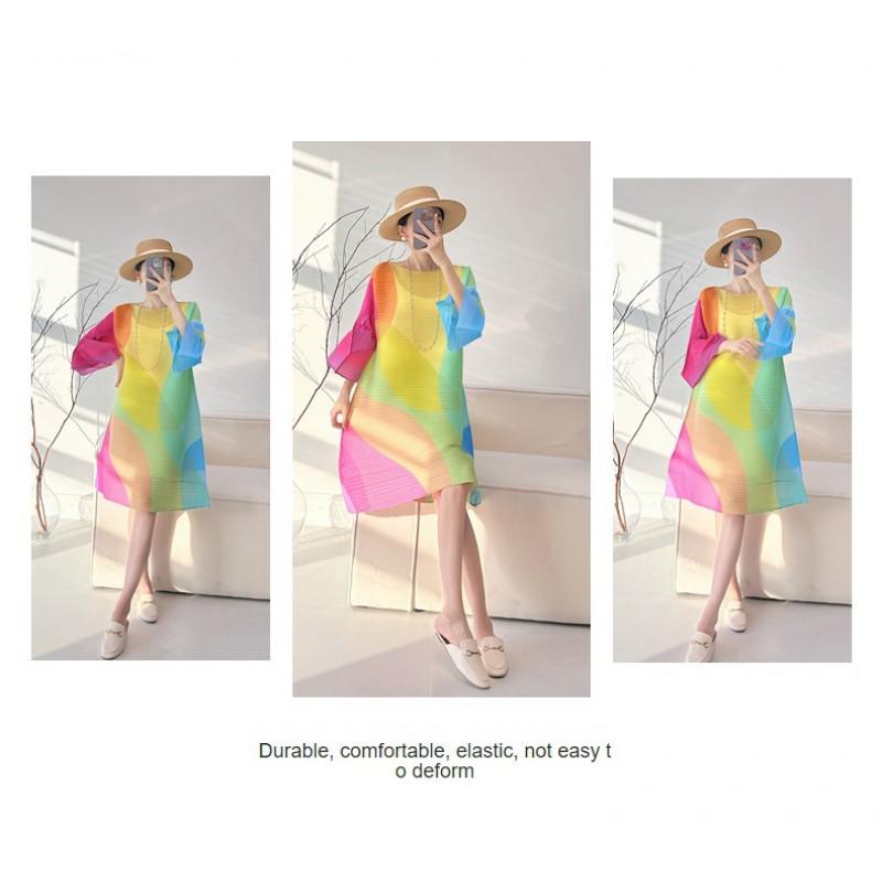 Geometric Print Pleated A-Line Midi Dress With Flared Sleeves Loose Fit