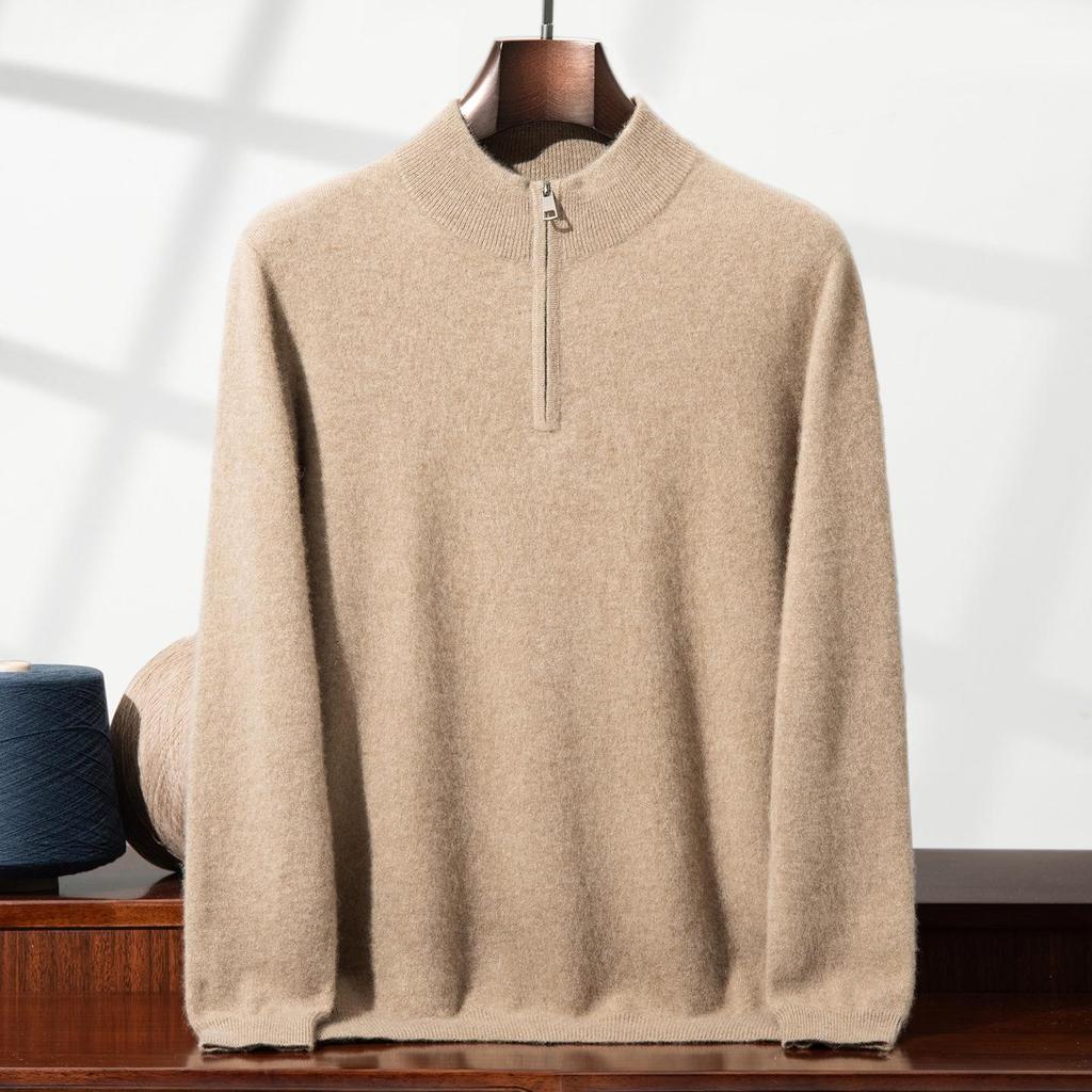 Eleganter Herren-Halbreißverschluss-Kaschmirpullover, einfarbige Strickware mit Stehkragen, Business Casual Pullover