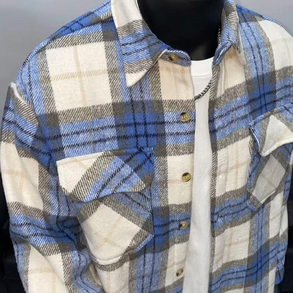 Men's Thickened Plaid Shirt Jacket with Lapel and Pockets - Autumn/Winter