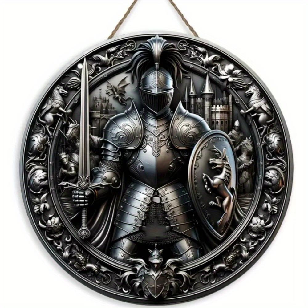 1 Stück 2D Flaches Vintage Mittelalterlicher Ritter Kunst Schild - 20cm Rund Holz, Bar Café Veranda Wohnzimmer Schlafzimmer Heimdeko, Rustikaler Stil Kreative Wanddeko