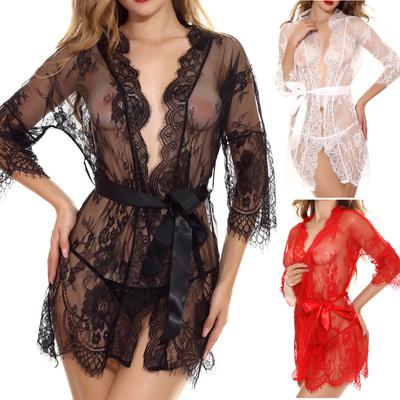 Fashion Women Sexy Dressing Gown Babydoll Lace Lingerie Belt+G-string Bath Robe