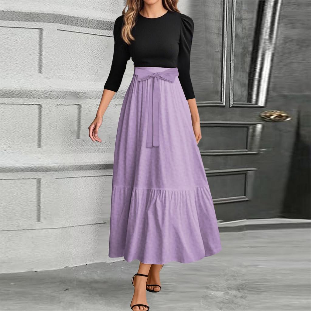 Women's Fashion Casual Belt Round Neck Solid Color Splicing Elegant Temperament Three-quarter Sleeve Dress
