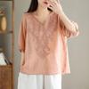 Women's Summer 2024 V-Neck Embroidered Three-Quarter Sleeve Cotton Linen Shirt