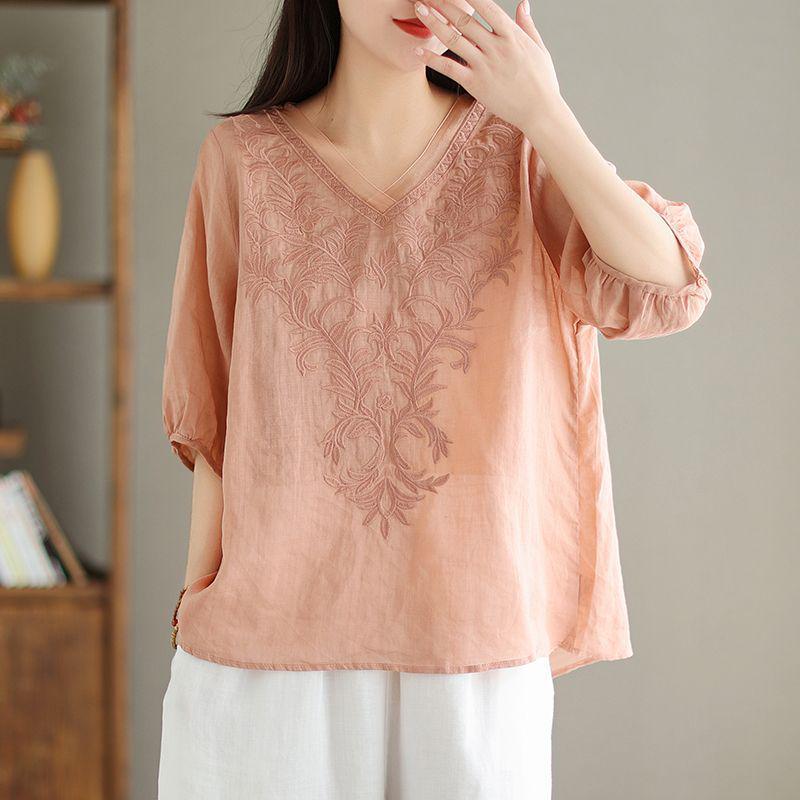 Women's Summer 2024 V-Neck Embroidered Three-Quarter Sleeve Cotton Linen Shirt