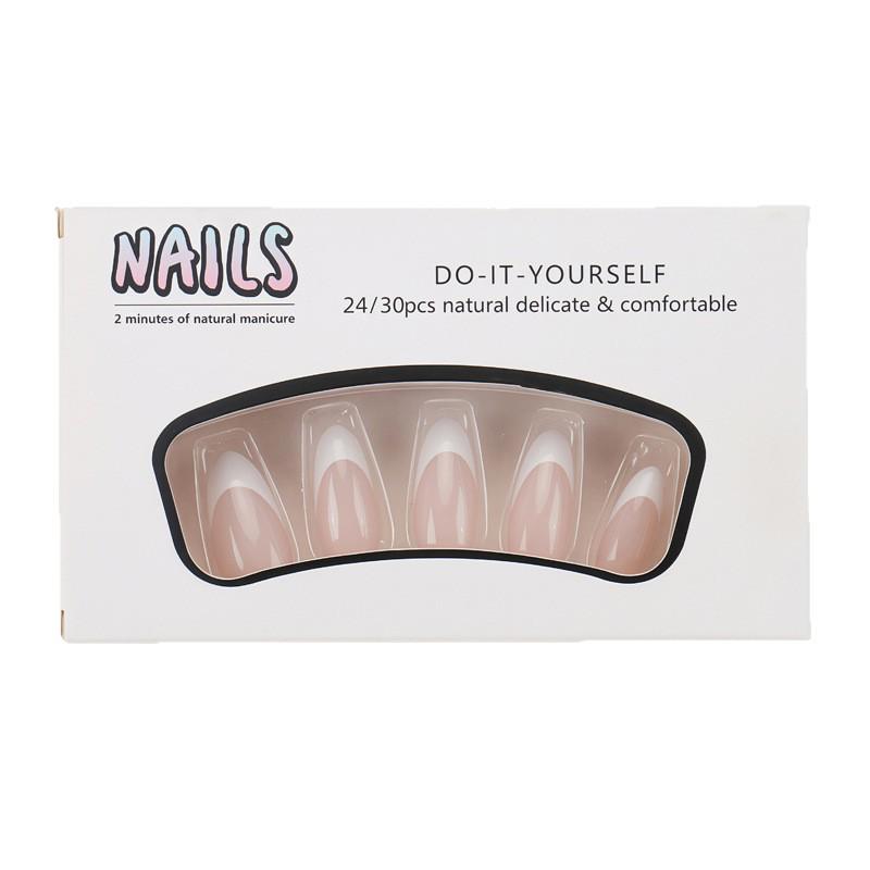 Handmade European Style Nude False Nails - Elegant White-Edged, Detachable, Versatile Wearable Nails in a Cool, Simple Design.